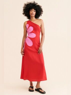 FARM Rio Red One-Shoulder Maxi Dress with Pink Floral Cutout